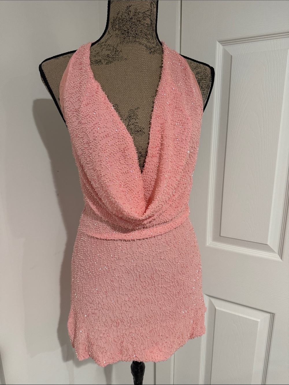 White Fox Boutique Pink Beaded Cowl Neck Mini Dress